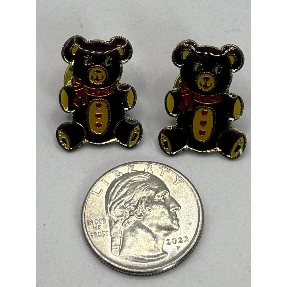 Vintage‎ Ohio Teddy Bear Enamel Pin Set of 2 – Gold Tone Black Red Heart Bears